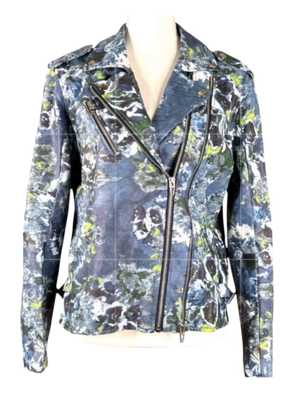 COLLEEN LOPEZ Vegan Leather Blue Floral Print Moto Jacket, Pockets, Size L.